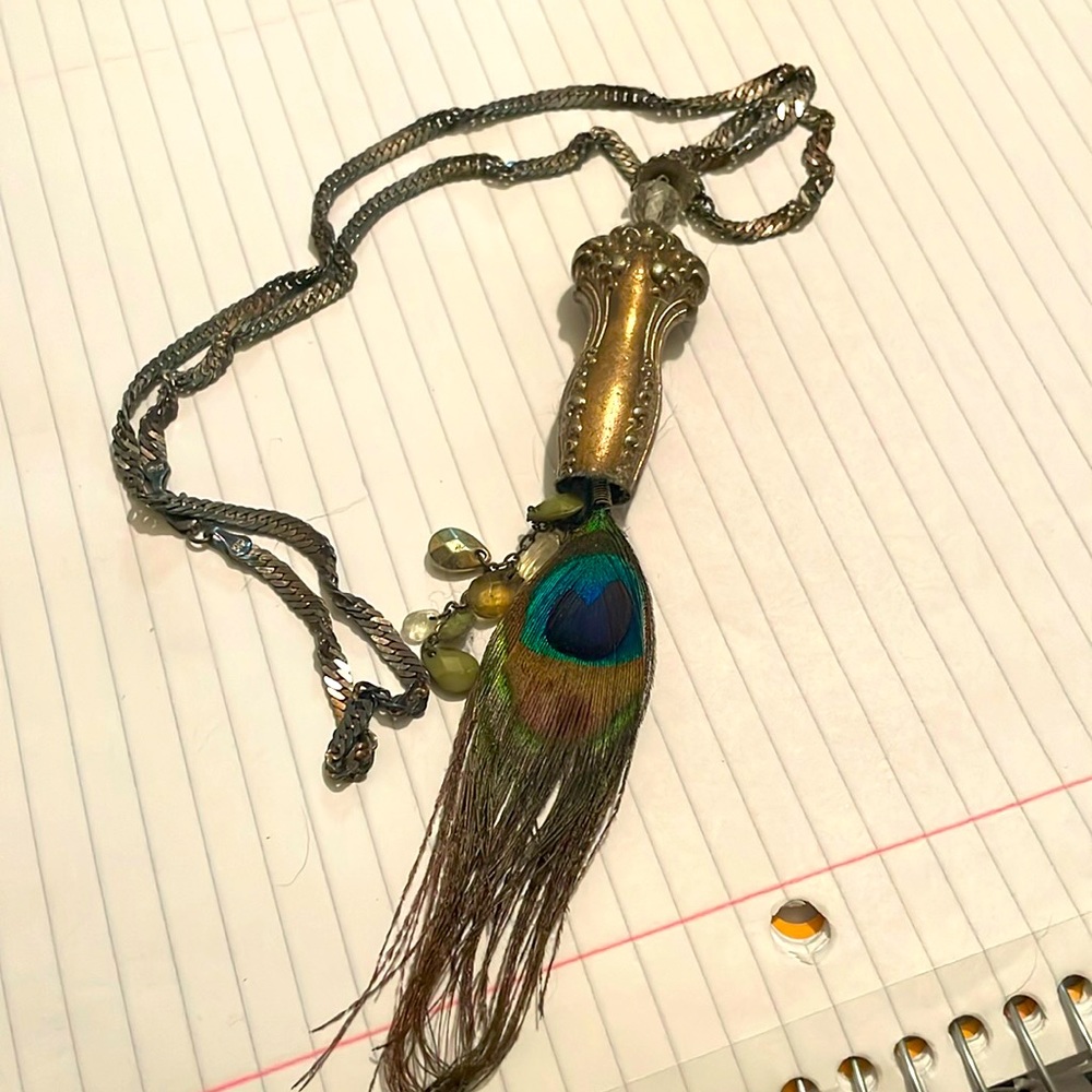 Vintage inspired utensil top, peacock feather necklace